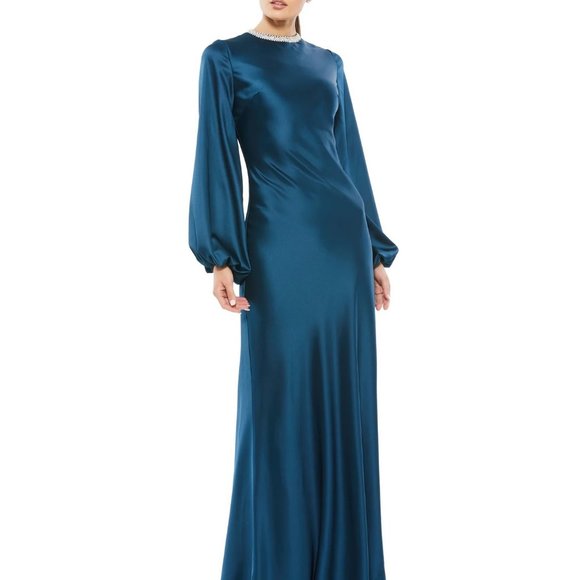 Mac Duggal Satin Long Blouson Sleeve Evening Gown Sapphire 4 - Picture 1 of 8